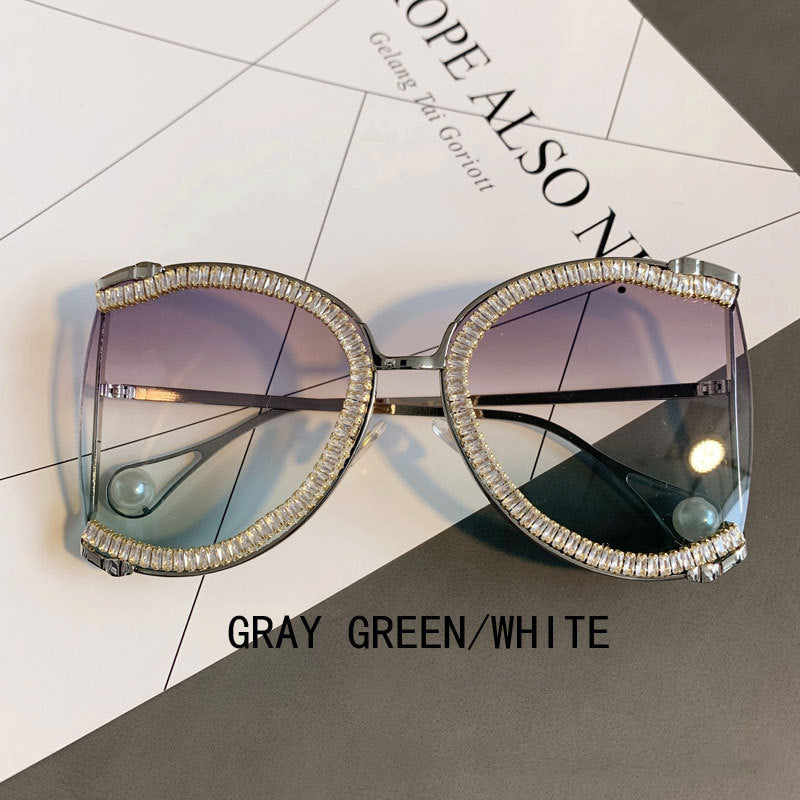 Semi-Rimless Pearl Oversized Diamond Sunglasses