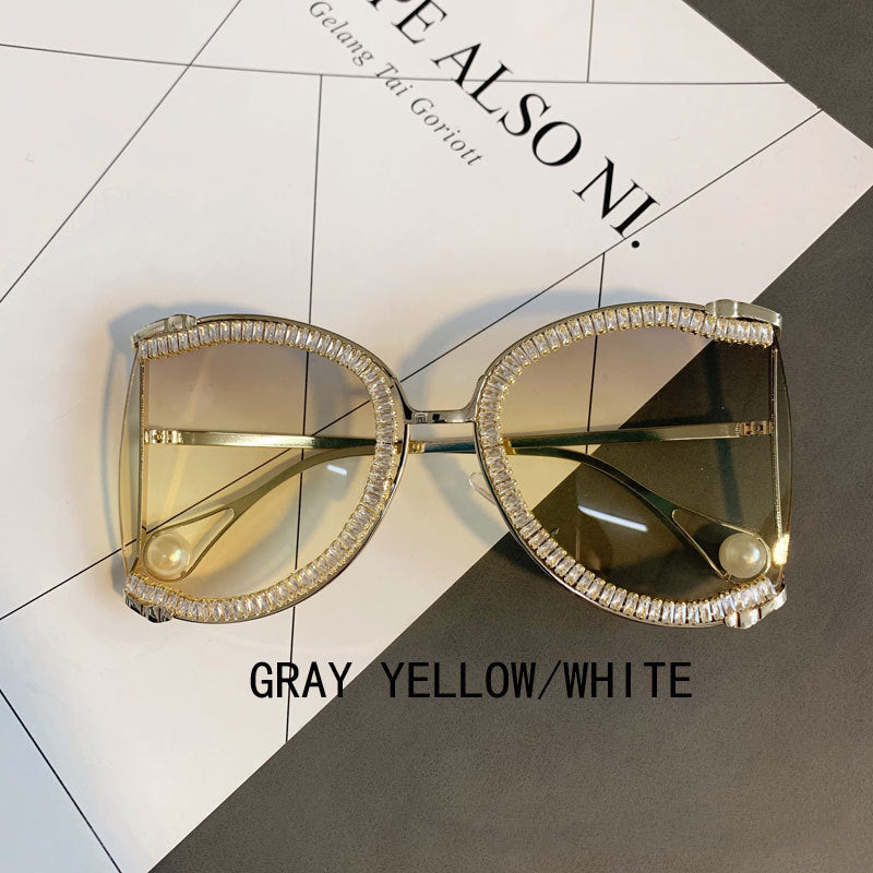 Semi-Rimless Pearl Oversized Diamond Sunglasses